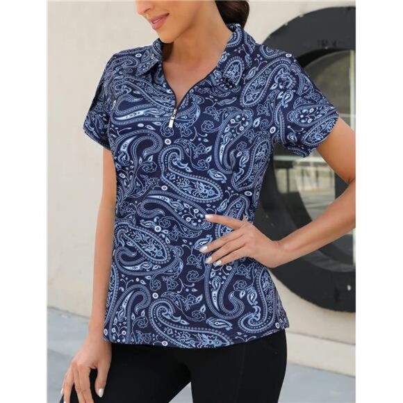 Womens Golf Polo Shirts 1/4 Zip Up Overlap Short Sleeve Quick Dry Workout Tops - Picture 3 of 6